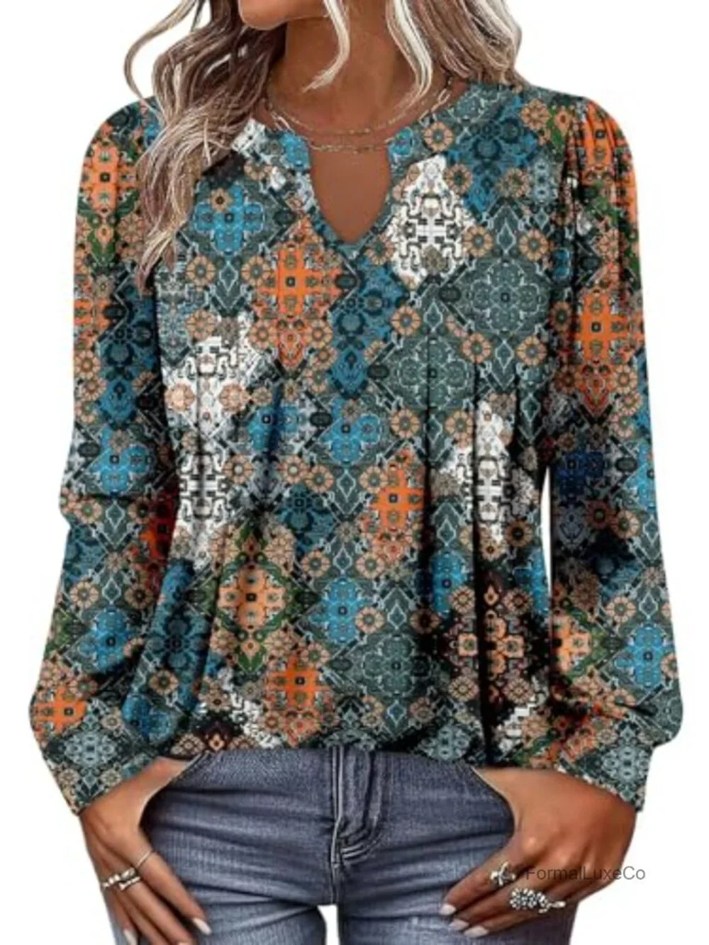 Floral Tunic Top Long Sleeve V-Neck Blouse Soft Stretchy Casual